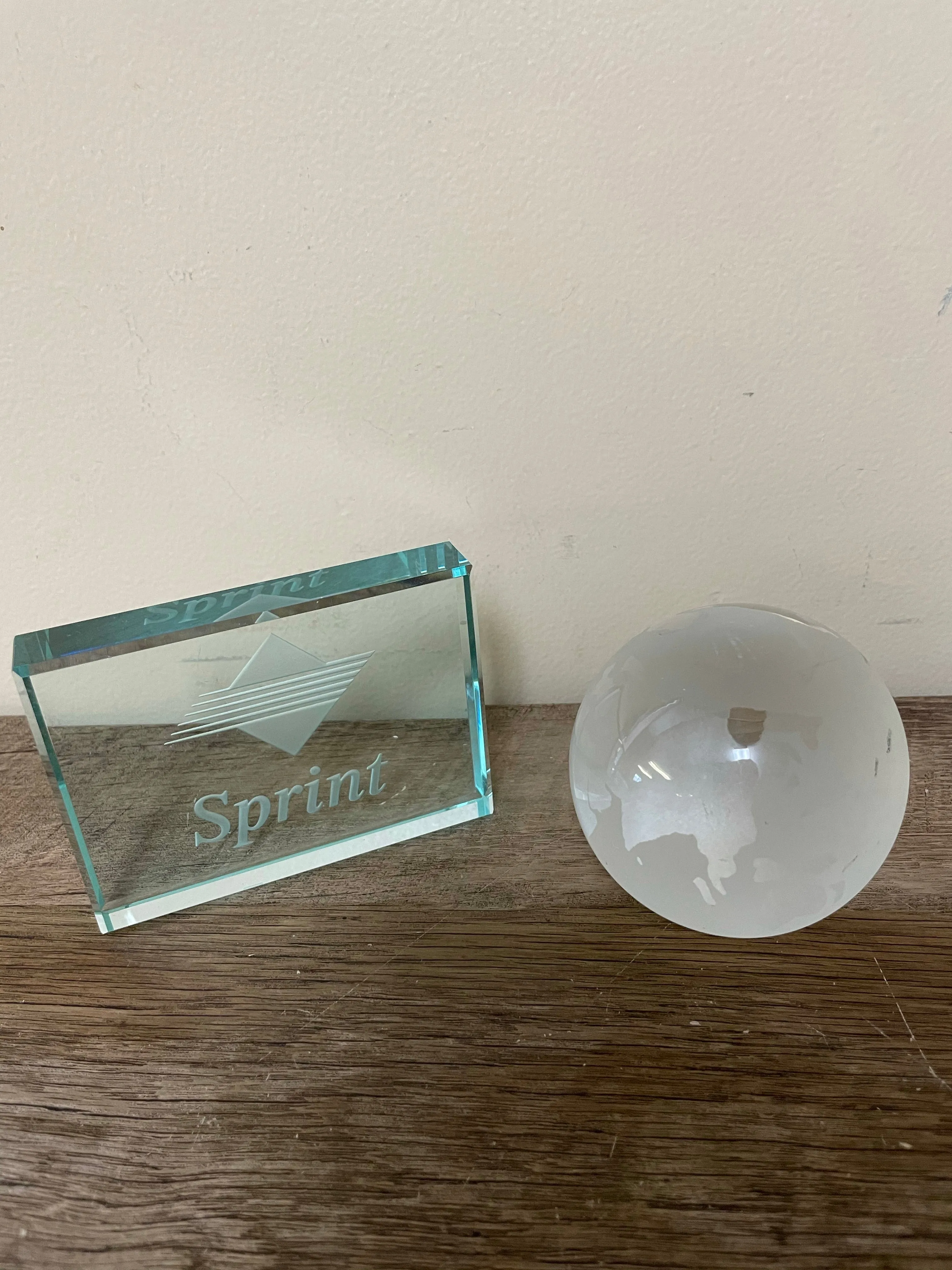 €€ Vintage Set/2 Sprint Employee Paperweights “The Most” World Globe