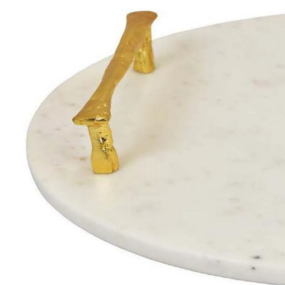 14 Inch Decorative Serving Tray, Gold Handles, Square, White Marble Finish By Casagear Home