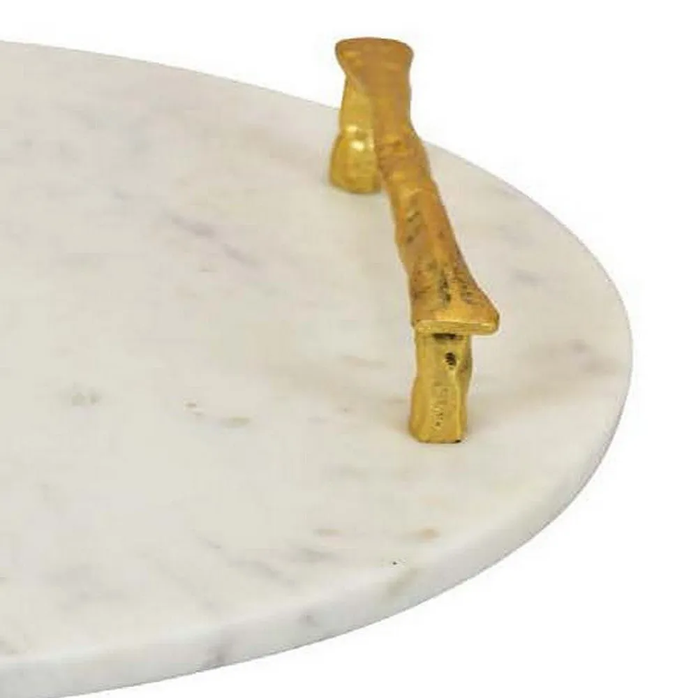 14 Inch Decorative Serving Tray, Gold Handles, Square, White Marble Finish By Casagear Home