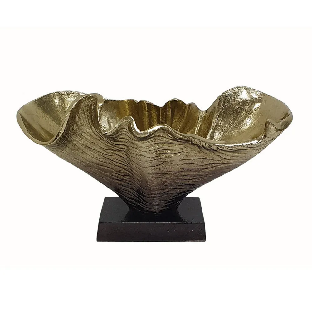 15 Inch Curved Shell Decorative Bowl, Aluminum, Square Base, Gold and Black By Casagear Home