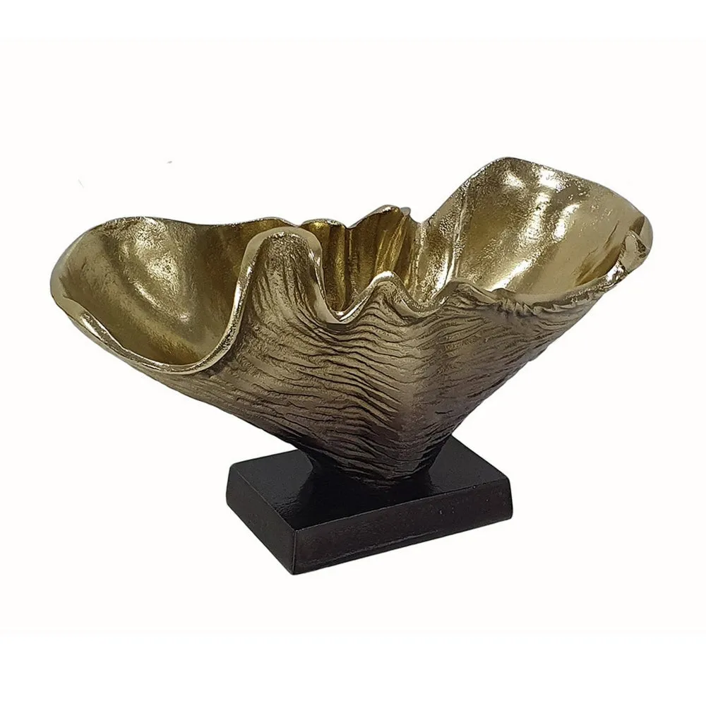 15 Inch Curved Shell Decorative Bowl, Aluminum, Square Base, Gold and Black By Casagear Home