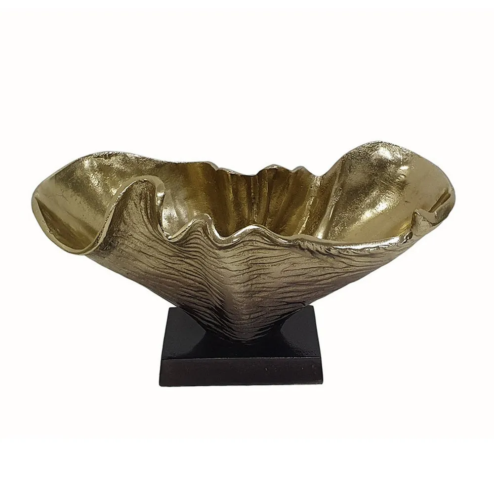 15 Inch Curved Shell Decorative Bowl, Aluminum, Square Base, Gold and Black By Casagear Home