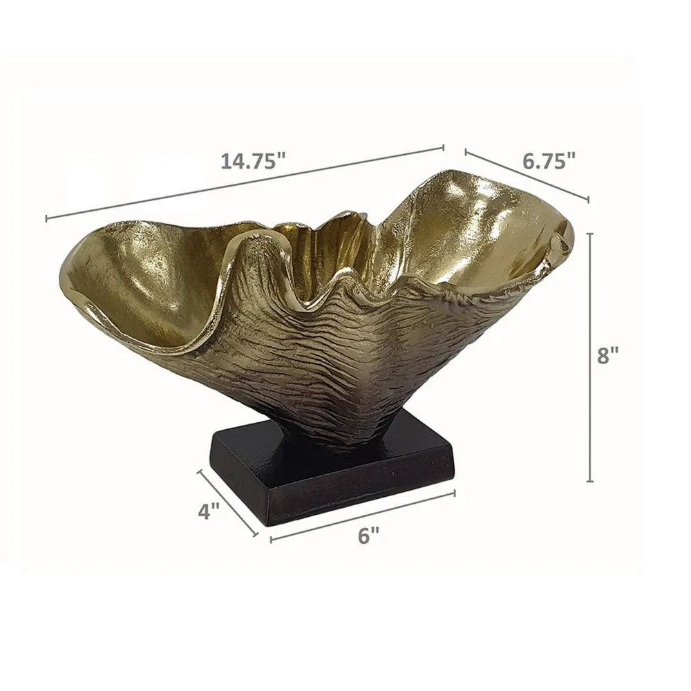 15 Inch Curved Shell Decorative Bowl, Aluminum, Square Base, Gold and Black By Casagear Home