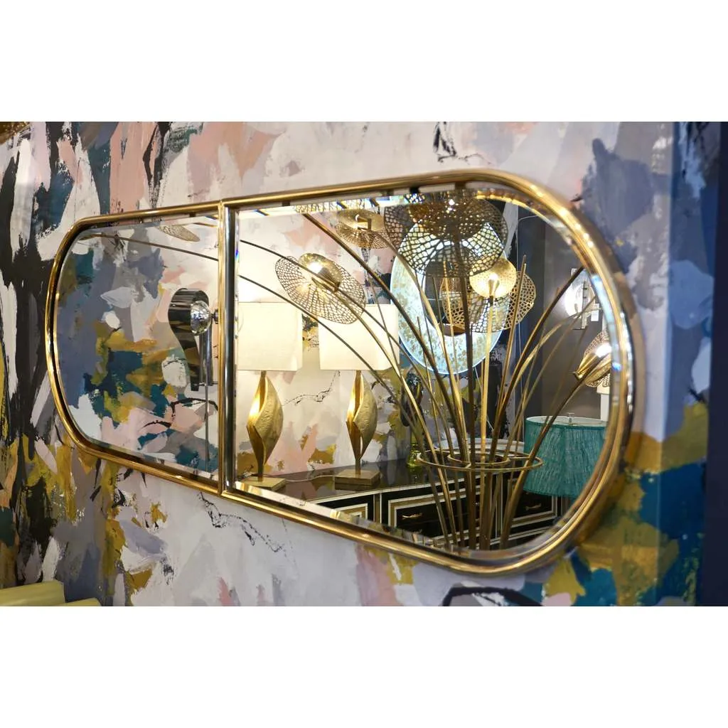1960s Italian Minimalist Brass Floating Mirror with Round Arched Top Frame