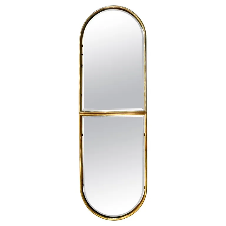 1960s Italian Minimalist Brass Floating Mirror with Round Arched Top Frame