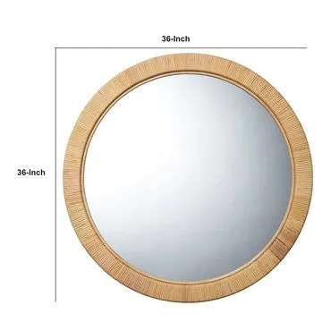 36 Inch Coastal Style Round Mirror, Hand Woven Rattan Frame, Glass, Brown By Casagear Home