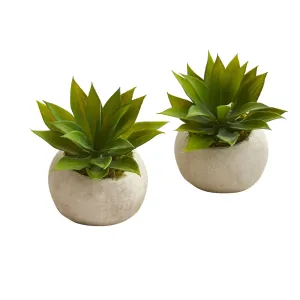 6” Mini Agave Succulent Artificial Plant in Stone Planter (Set of 2)