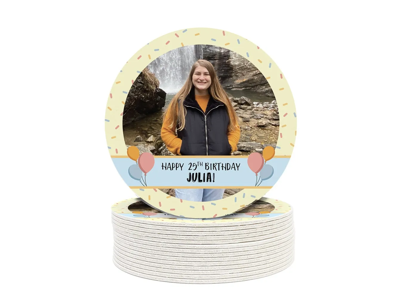 Add Your Photo | Yellow Confetti Birthday Coasters
