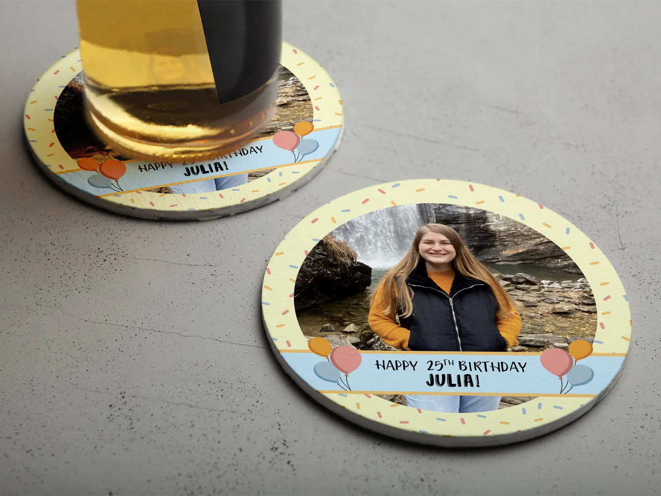 Add Your Photo | Yellow Confetti Birthday Coasters