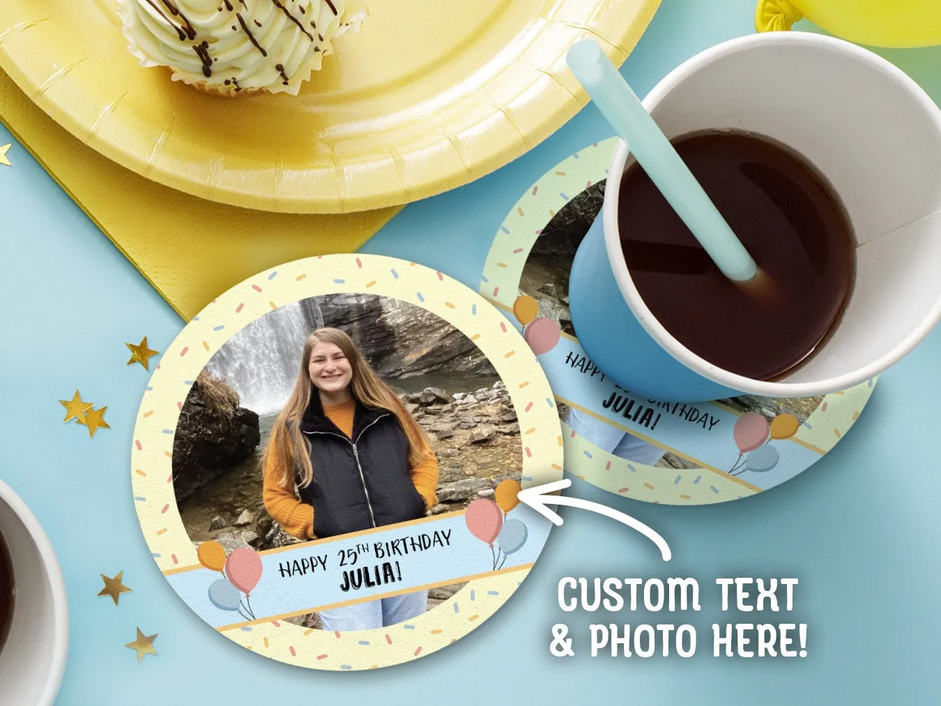 Add Your Photo | Yellow Confetti Birthday Coasters