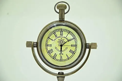 Antique Nautical Vintage Brass Stand Clock Nautical Clock, Engraved Design Brass Victoria London 1876 Desk and Shelf Clock Roman Dial Nautical Clock