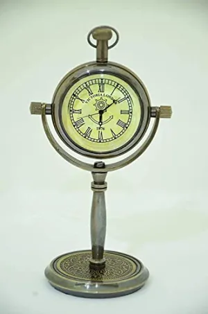 Antique Nautical Vintage Brass Stand Clock Nautical Clock, Engraved Design Brass Victoria London 1876 Desk and Shelf Clock Roman Dial Nautical Clock