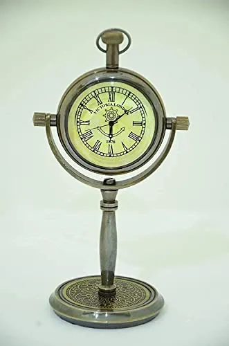 Antique Nautical Vintage Brass Stand Clock Nautical Clock, Engraved Design Brass Victoria London 1876 Desk and Shelf Clock Roman Dial Nautical Clock