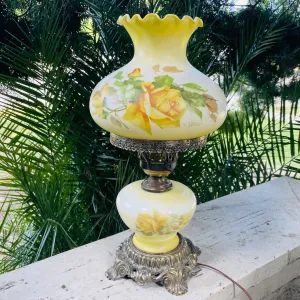 Antique Signed Gone with the Wind Hurricane Floral Brass BaseElectric Light Lamp