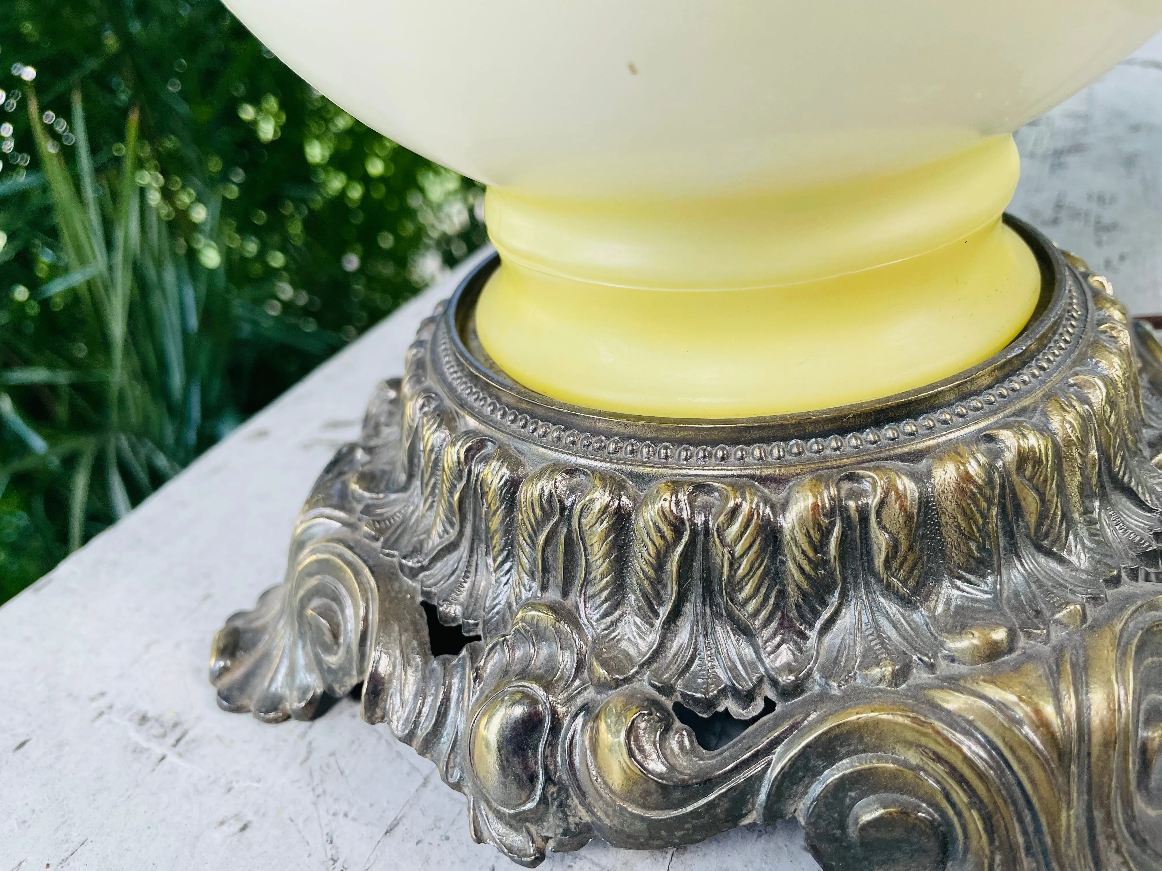 Antique Signed Gone with the Wind Hurricane Floral Brass BaseElectric Light Lamp