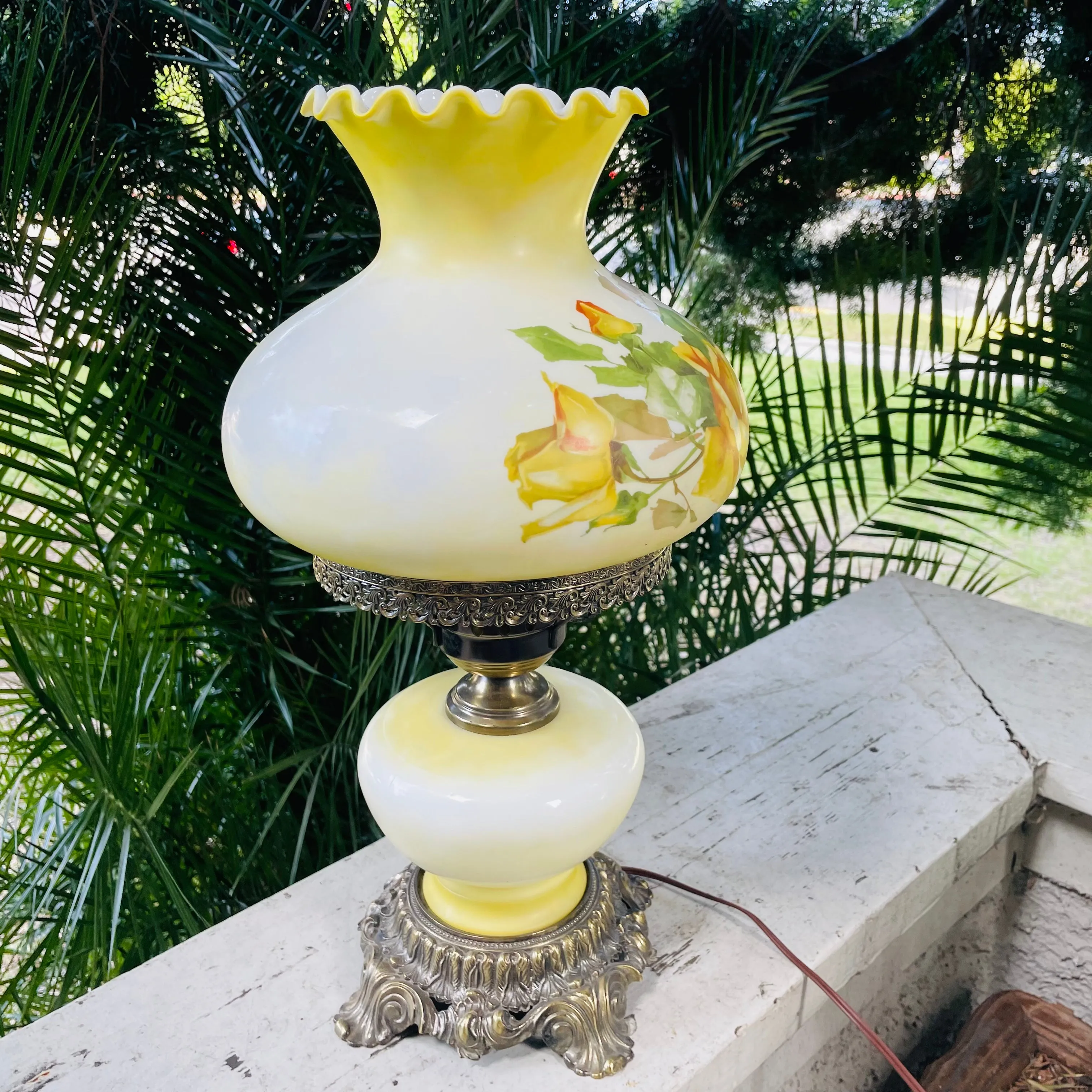 Antique Signed Gone with the Wind Hurricane Floral Brass BaseElectric Light Lamp