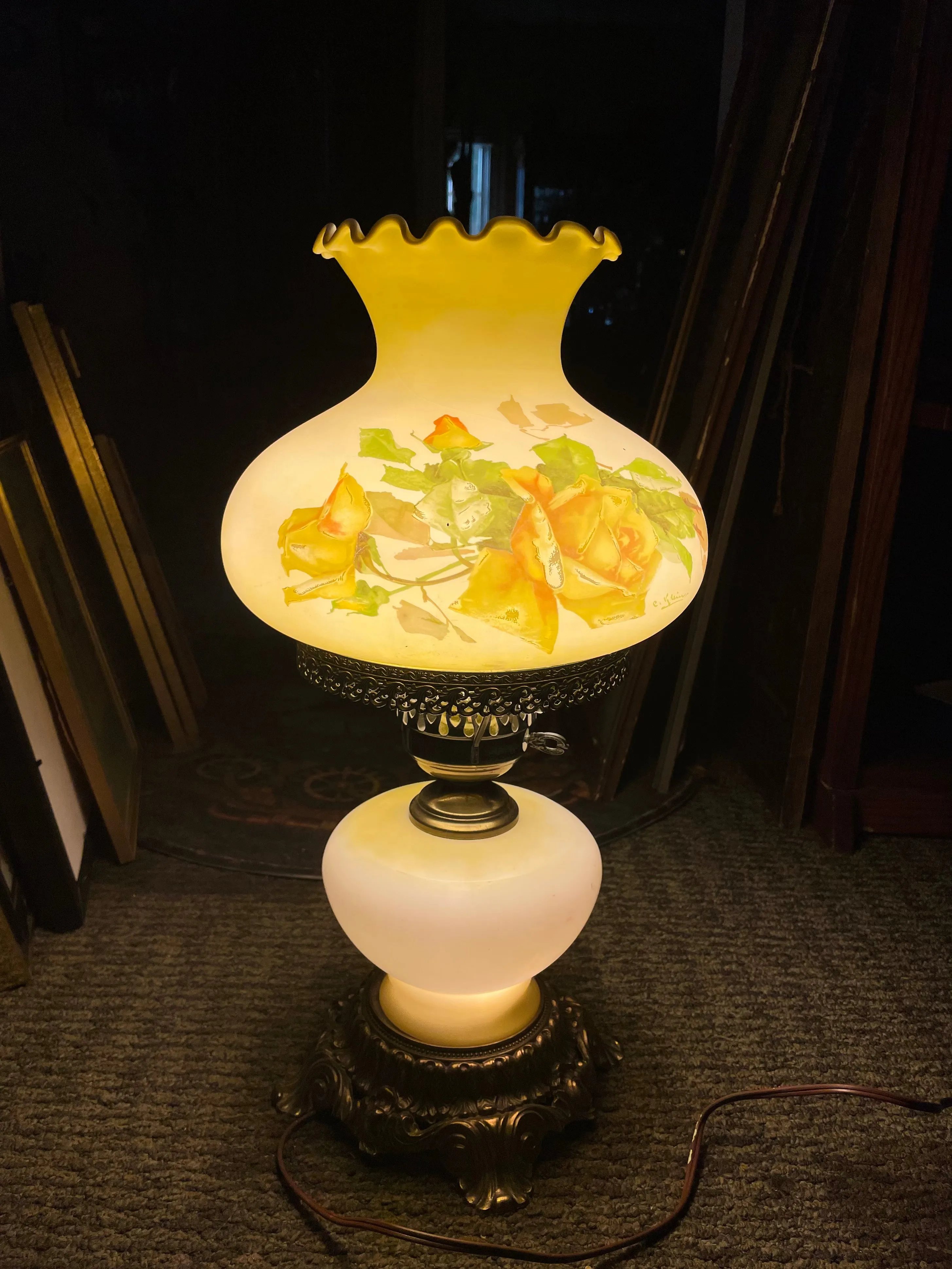 Antique Signed Gone with the Wind Hurricane Floral Brass BaseElectric Light Lamp