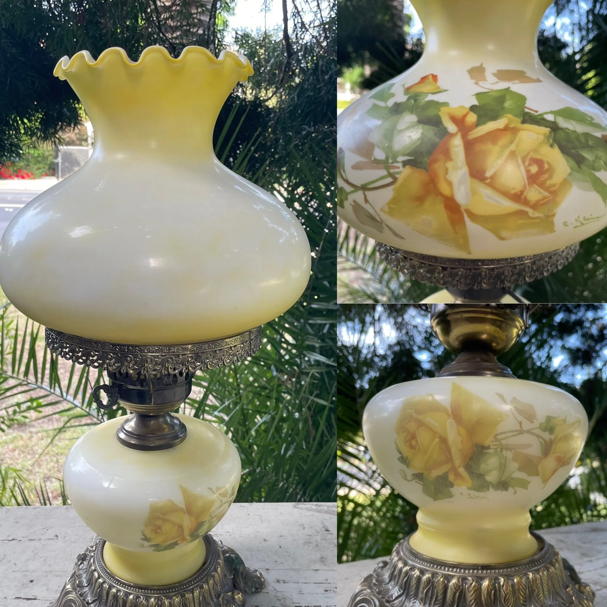 Antique Signed Gone with the Wind Hurricane Floral Brass BaseElectric Light Lamp