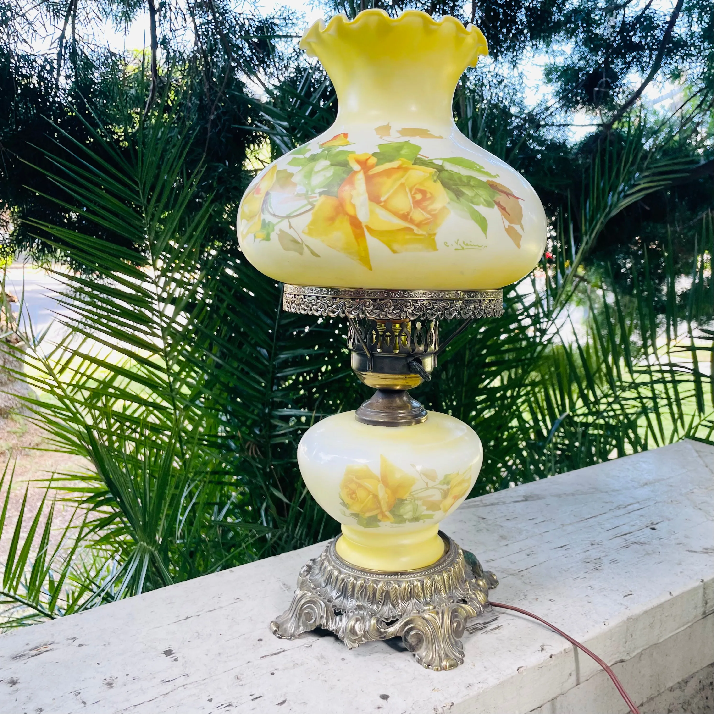Antique Signed Gone with the Wind Hurricane Floral Brass BaseElectric Light Lamp