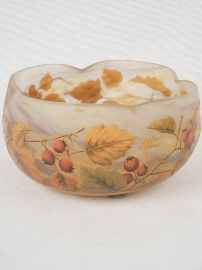Art Nouveau Daum Nancy Glass Bowl w/ Rowan Berry Motif, signed 4"