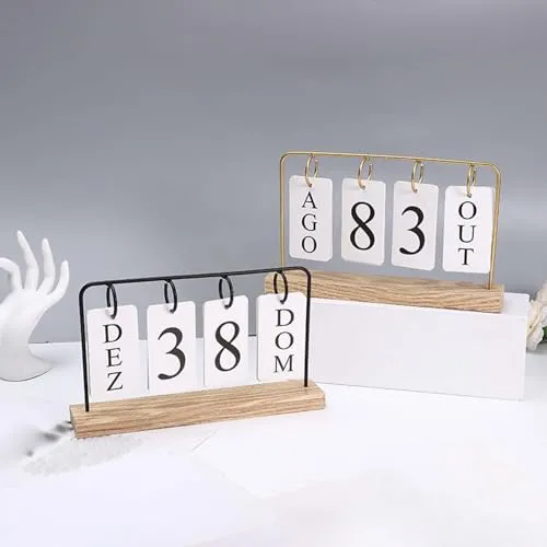 ATORSE® Metal Desk Calendar Wooden Base Standing Calendar for Home Decor Office Gift Black