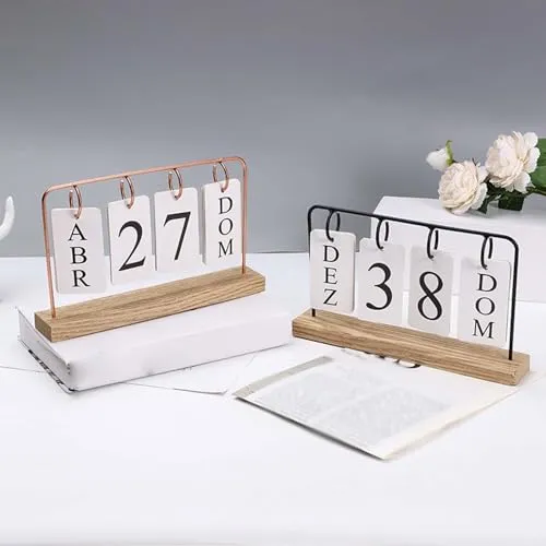 ATORSE® Metal Desk Calendar Wooden Base Standing Calendar for Home Decor Office Gift Black