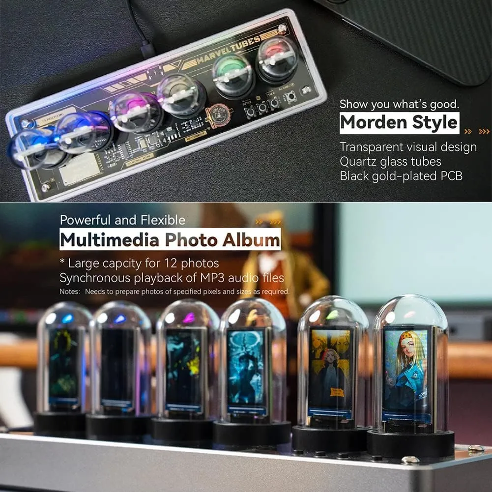 Auslese IPS DIY Nixie Tube Clock Electronic Simulation with 6 Bit LCD Screen 12/24 Hours RGB Backlit Desktop Decoration Gifts for Decorating Rooms (H402)