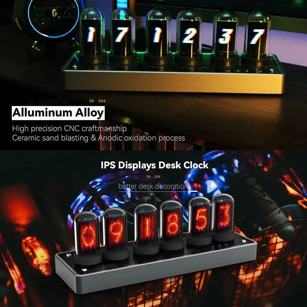 Auslese IPS DIY Nixie Tube Clock Electronic Simulation with 6 Bit LCD Screen 12/24 Hours RGB Backlit Desktop Decoration Gifts for Decorating Rooms (H402)