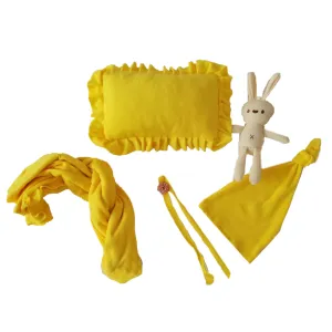 Babymoon Set of 5 | Stretchable Wrap, Cap, Pillow, Toy and Hairband | Baby Photography Props | Yellow