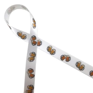 Beer mugs ribbon printed on 5/8" white single face satin