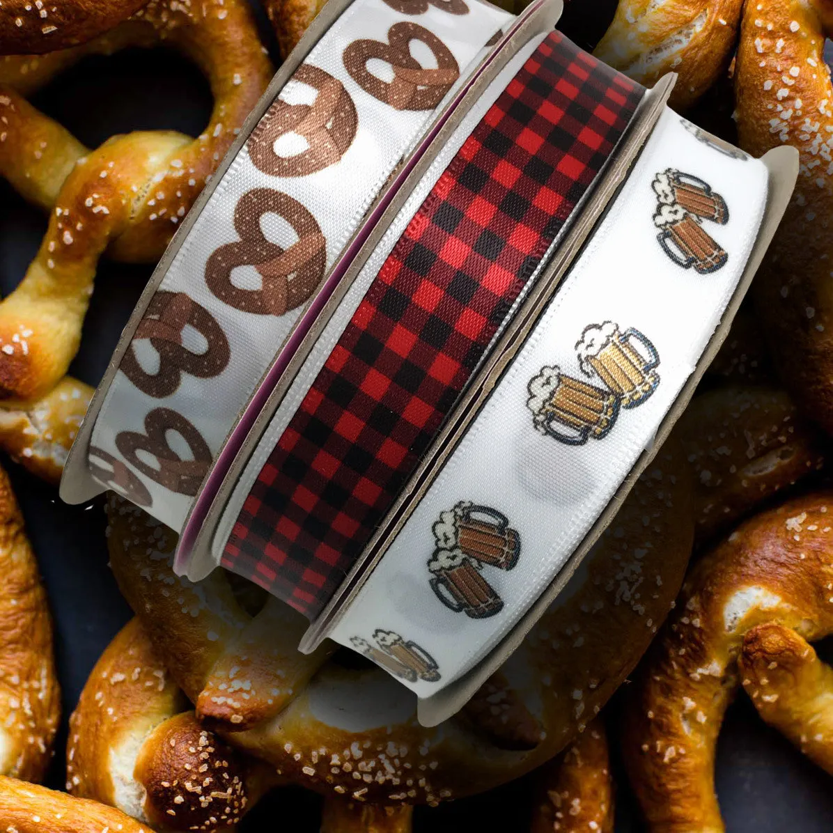 Beer mugs ribbon printed on 5/8" white single face satin