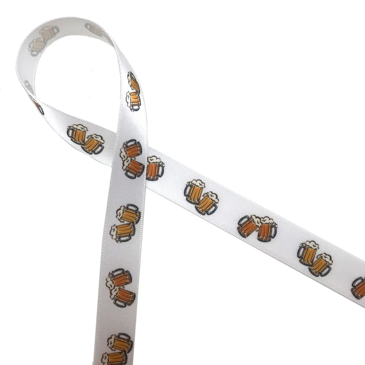 Beer mugs ribbon printed on 5/8" white single face satin