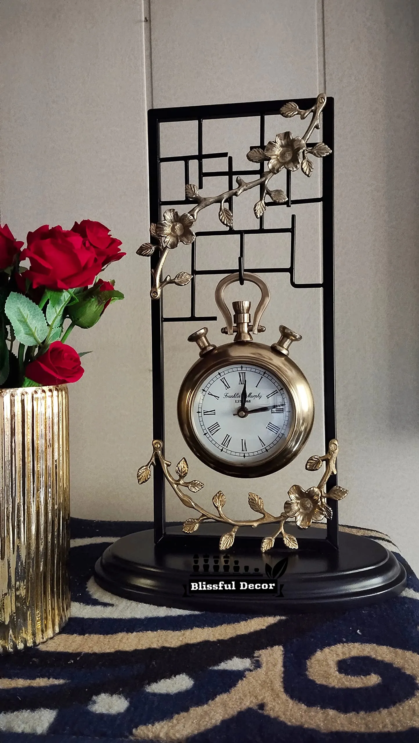 Blissful Decor Amishi Presents Modern Design Metal Table Clock,Table top Clock,Unique Design Table Clock,Desk Clock,Black & Gold Table Clock,House Warming Gift,Home Decor Size (45-inch)