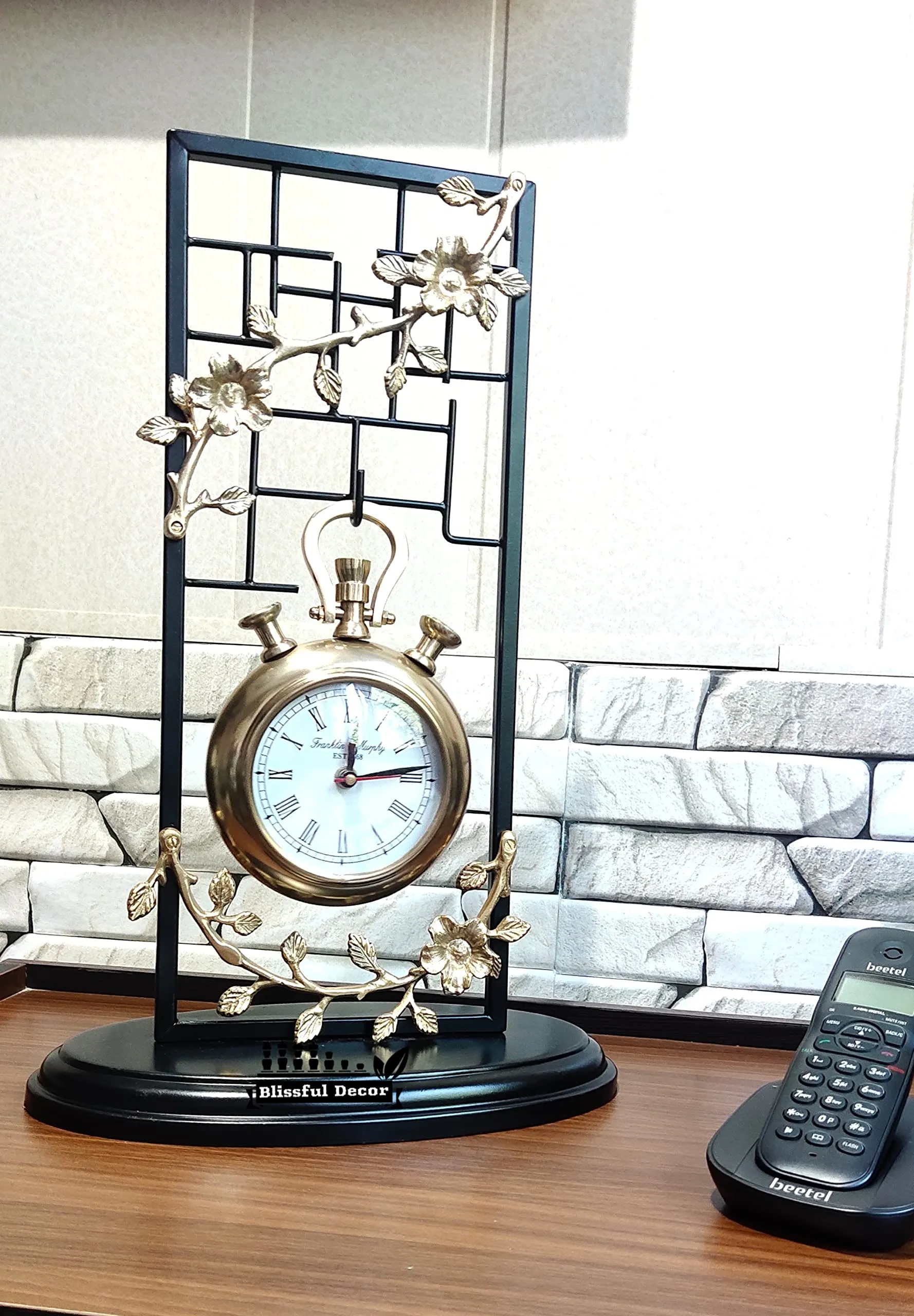 Blissful Decor Amishi Presents Modern Design Metal Table Clock,Table top Clock,Unique Design Table Clock,Desk Clock,Black & Gold Table Clock,House Warming Gift,Home Decor Size (45-inch)
