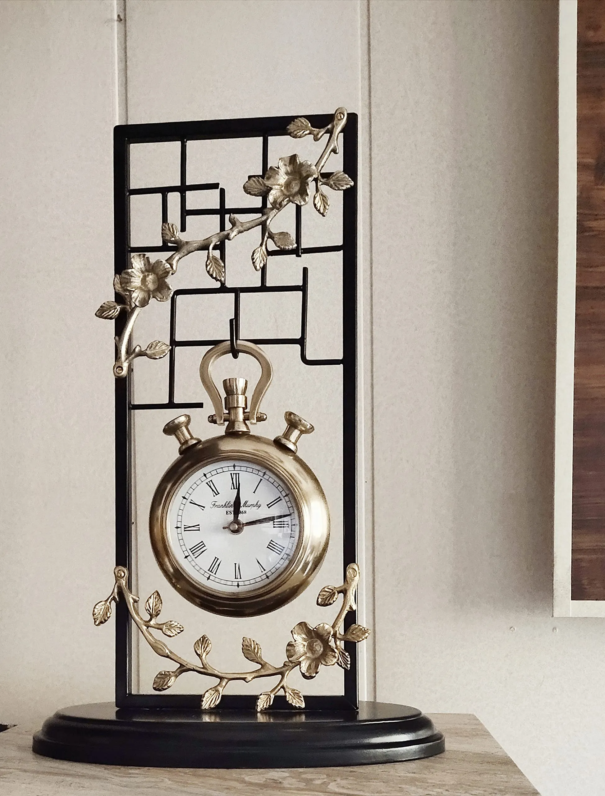 Blissful Decor Amishi Presents Modern Design Metal Table Clock,Table top Clock,Unique Design Table Clock,Desk Clock,Black & Gold Table Clock,House Warming Gift,Home Decor Size (45-inch)