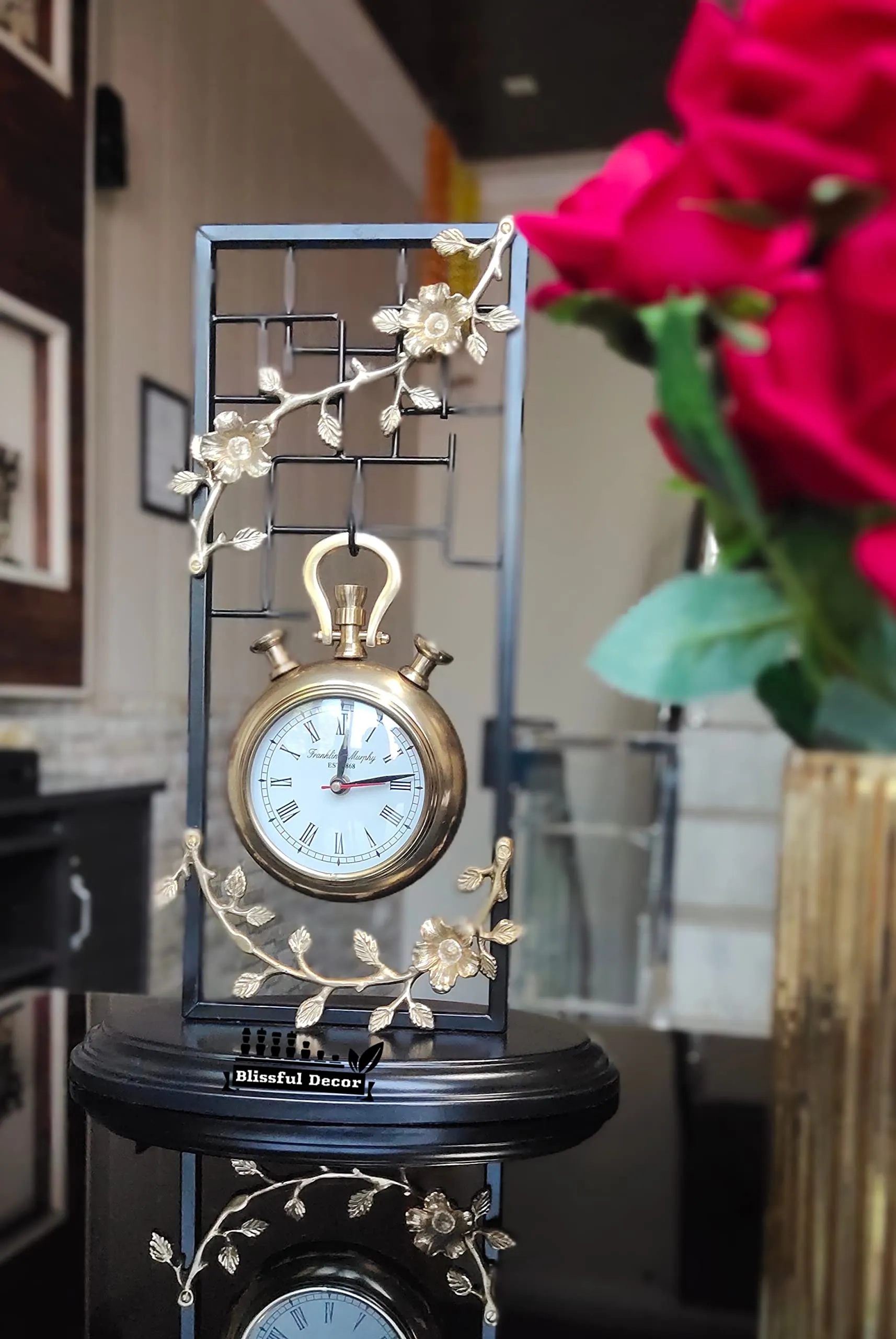 Blissful Decor Amishi Presents Modern Design Metal Table Clock,Table top Clock,Unique Design Table Clock,Desk Clock,Black & Gold Table Clock,House Warming Gift,Home Decor Size (45-inch)