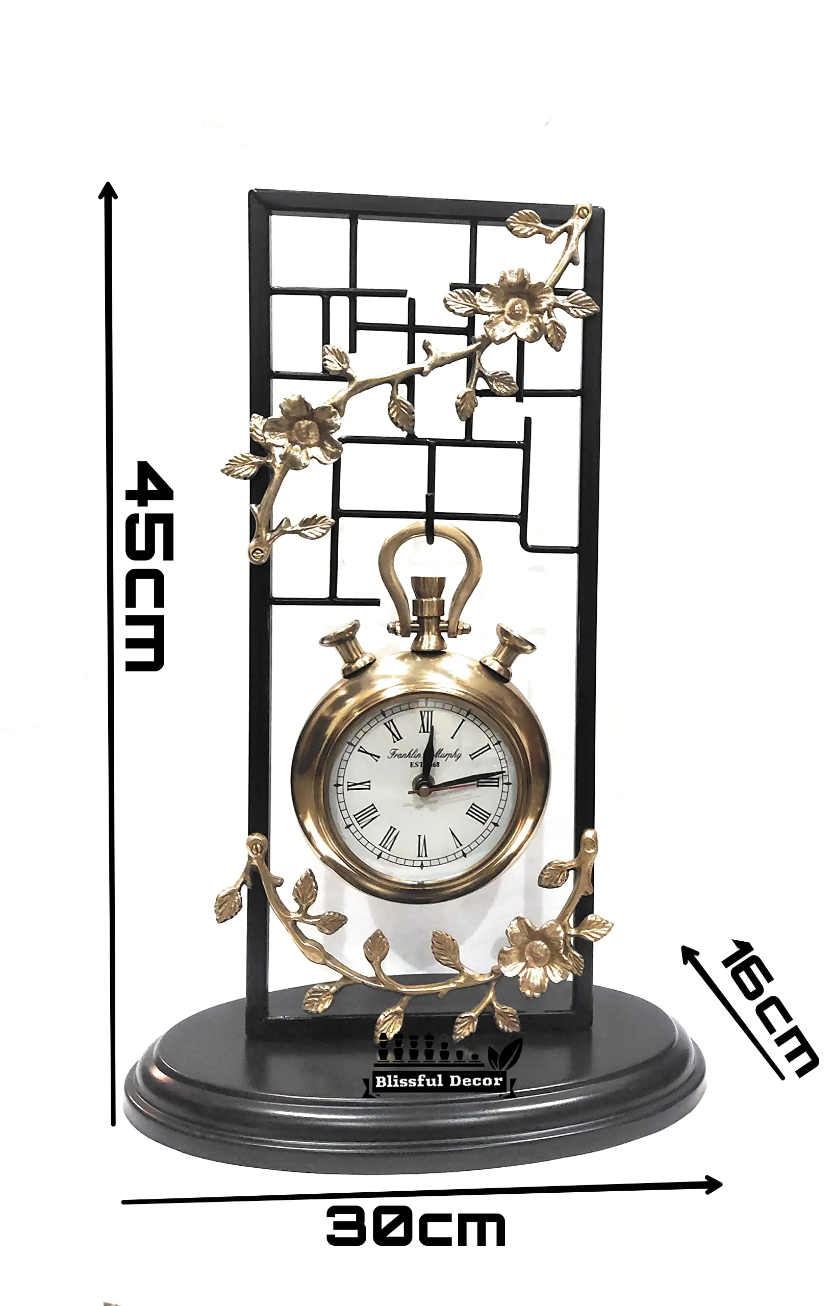 Blissful Decor Amishi Presents Modern Design Metal Table Clock,Table top Clock,Unique Design Table Clock,Desk Clock,Black & Gold Table Clock,House Warming Gift,Home Decor Size (45-inch)