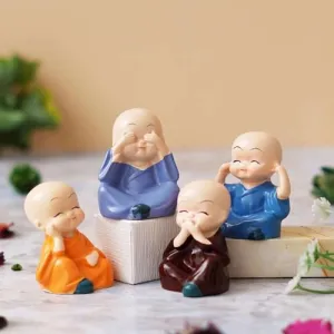 BLOOM PLEX Set of 4 Buddha Monk Statues | Showpiece for Wall Shelf, Table, Desktop, Car Dashboard, Home & Office Decor | Miniature Figurines