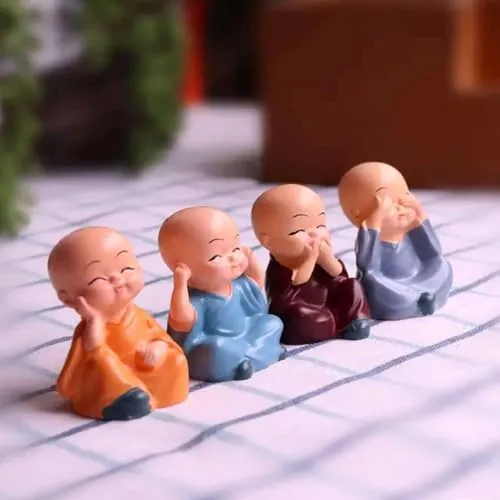 BLOOM PLEX Set of 4 Buddha Monk Statues | Showpiece for Wall Shelf, Table, Desktop, Car Dashboard, Home & Office Decor | Miniature Figurines