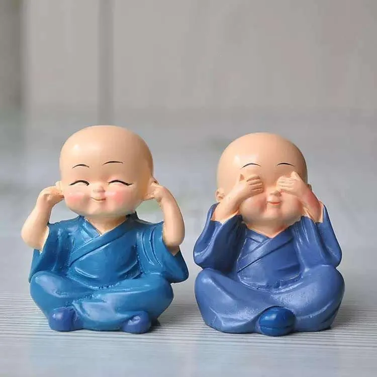 BLOOM PLEX Set of 4 Buddha Monk Statues | Showpiece for Wall Shelf, Table, Desktop, Car Dashboard, Home & Office Decor | Miniature Figurines