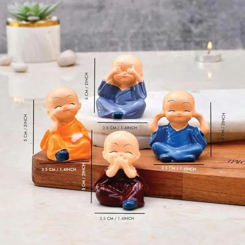 BLOOM PLEX Set of 4 Buddha Monk Statues | Showpiece for Wall Shelf, Table, Desktop, Car Dashboard, Home & Office Decor | Miniature Figurines