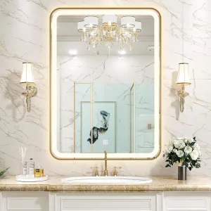 BRANCO IKON Rectangle Decorative LED Mirror | Vanity Mirror with Touch Sensor | Modern Design | Adjustable Three Color Light Mode | Mirror for Bathroom, Living Room, Makeup Room | 18x24Inch (Gold)