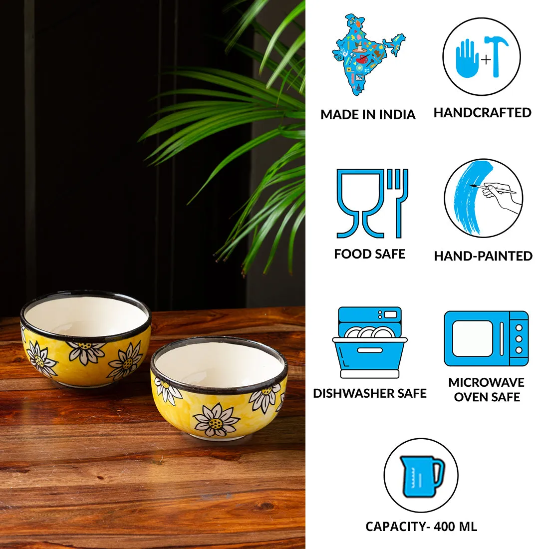 'Californian Sunflowers' Handpainted Ceramic Serving Bowls (Set of 2, 400 ML)