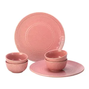 Ceramic Dinner Set | 2 Dinner Plates & 4 Bowl Katori | Light Pink | Set of 6