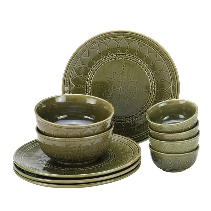 Ceramic Dinner Set | 4 Dinner Plates, 4 Bowl & 2 Serving Bowl | Moss Green | Set of 10