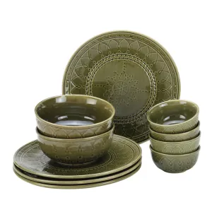Ceramic Dinner Set | 4 Dinner Plates, 4 Bowl & 2 Serving Bowl | Moss Green | Set of 10