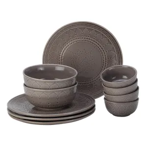 Ceramic Dinner Set | 4 Dinner Plates, 4 Bowl Katori, 2 Serving Bowl | Ash Grey | Set of 10