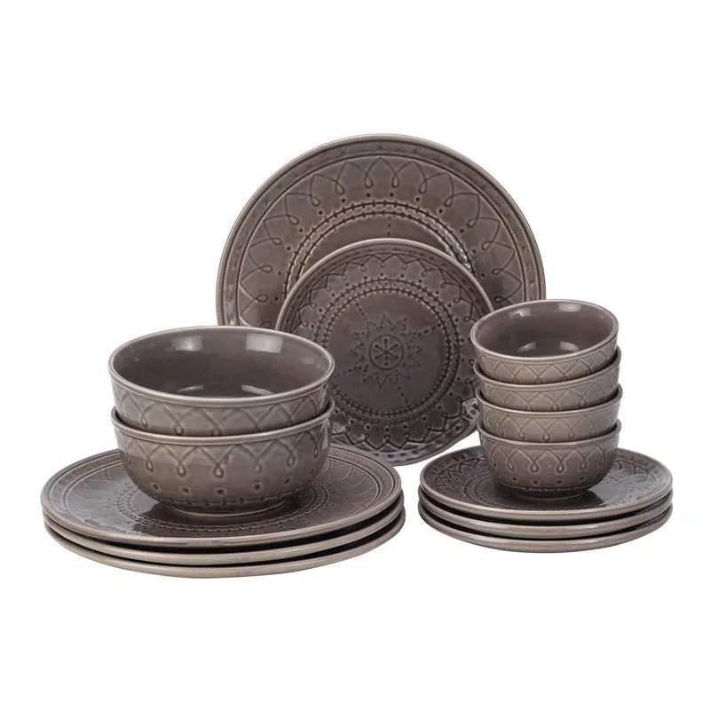 Ceramic Dinner Set | 4 Dinner Plates, 4 Small Plates, 4 Bowl & 2 Serving Bowl | Ash Grey | Set of 14