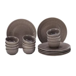 Ceramic Dinner Set | 6 Dinner Plates & 12 Bowl Katori | Ash Grey | Set of 18
