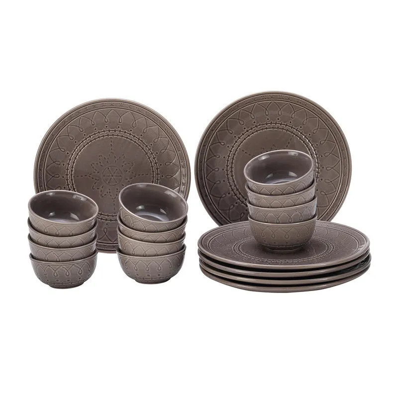 Ceramic Dinner Set | 6 Dinner Plates & 12 Bowl Katori | Ash Grey | Set of 18